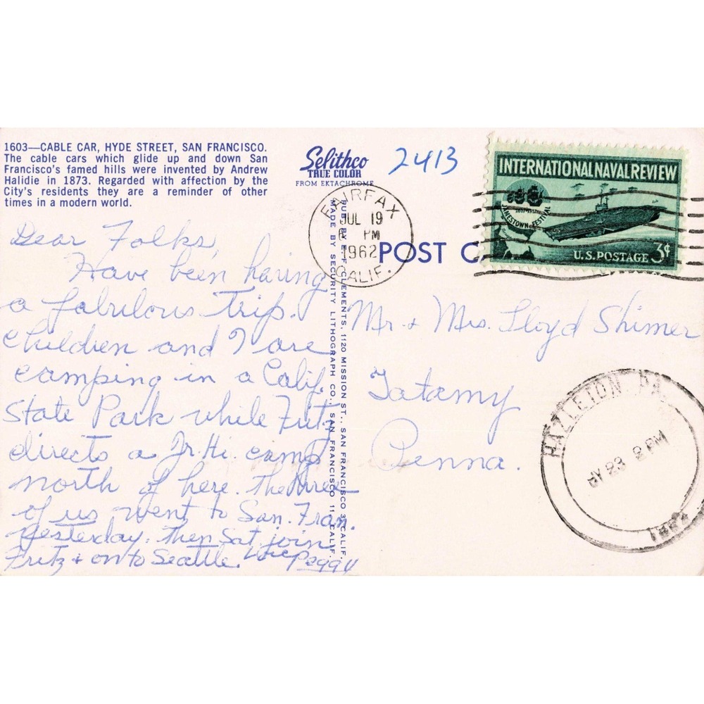 Hyde Street Cable Car Alcatraz San Francisco California CA Chrome Postcard 1962 - Picture 2 of 2